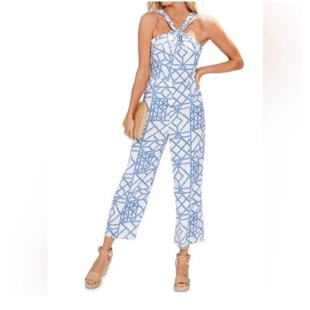 Vineyard Vines Women's Bamboo Halter Jumpsuit Size 4 Blue/White Wide Leg NWT‎